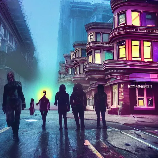 Prompt: a photograph of the painted ladies in san francisco foggy zombies artstation cyberpunk dreamscape high definition