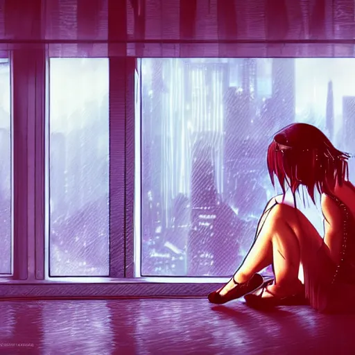 Image similar to sad girl sitting by the window looking towards a cyberpunk city, accurate features, focus, very intricate ultrafine details, masterpiece, 8 k hd, realistic shaded lighting, detailed render, detailed backgrounds, epic composition, soft neon lights, rain