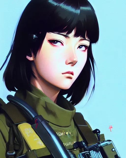 Image similar to girl wearing tactical gear, very anime, fine - face, audrey plaza, realistic shaded perfect face, fine details. anime. realistic shaded lighting poster by ilya kuvshinov katsuhiro otomo ghost - in - the - shell, magali villeneuve, artgerm, jeremy lipkin and michael garmash and rob rey