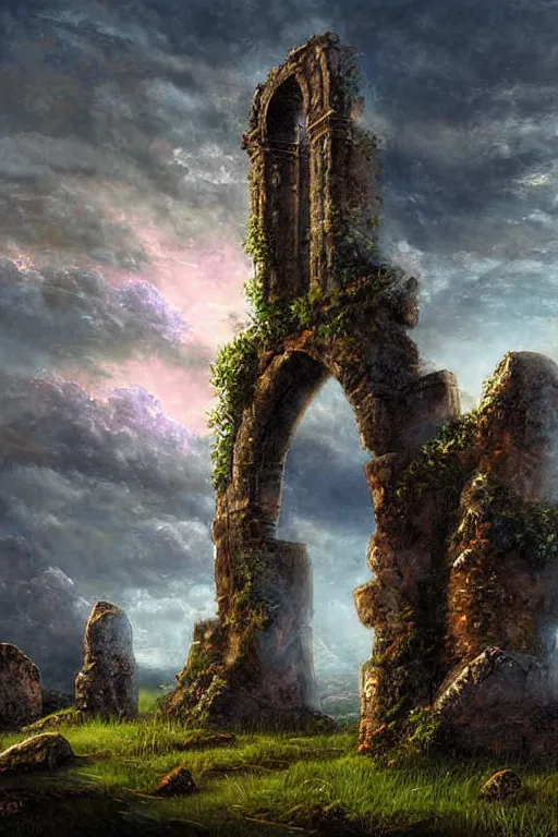 Prompt: digital painting detailed mystical ruins druid stone under a magic sky by James gurney