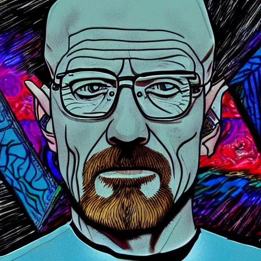 Image similar to Walter White on a acid trip , accurate anatomy, accurate hands, highly detailed, digital art, epic, masterpiece,