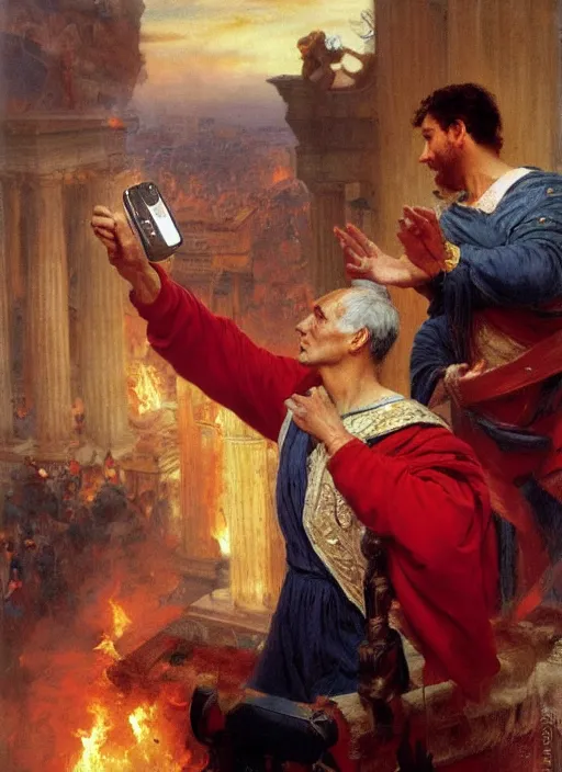 Prompt: julius caesar taking a selfie as rome burns behind him by vladimir volegov and alexander averin and pierre auguste cot and delphin enjolras