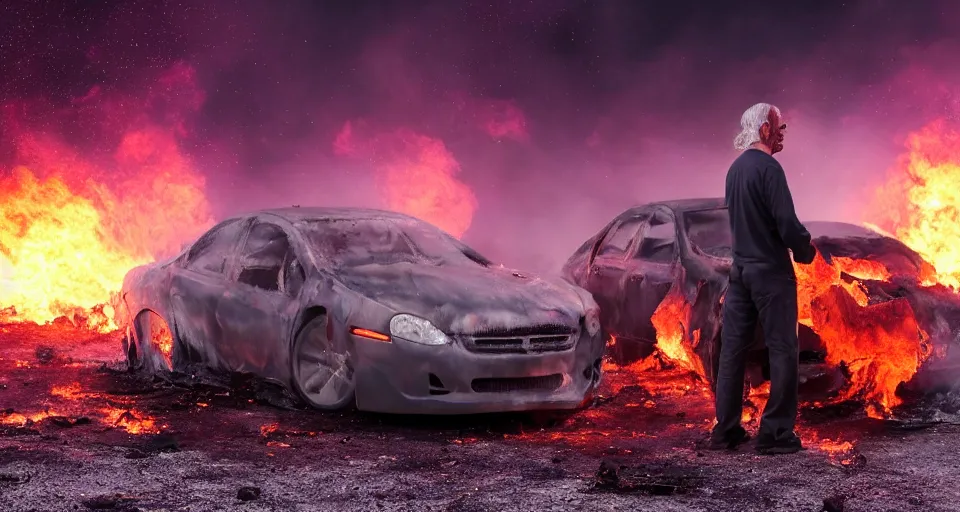 Image similar to 45 year old man with few grey hair standing besides a car in flames in a desert, purple color-theme, cinematic, science-fiction art wallpaper, stunning digital art