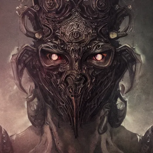 Prompt: Very very very very highly detailed epic photo of demonic face with venetian mask, intricate, dystopian, sci-fi, extremely detailed, digital painting, artstation, concept art, smooth, sharp focus, illustration, intimidating lighting, incredible art by Anton Pieck