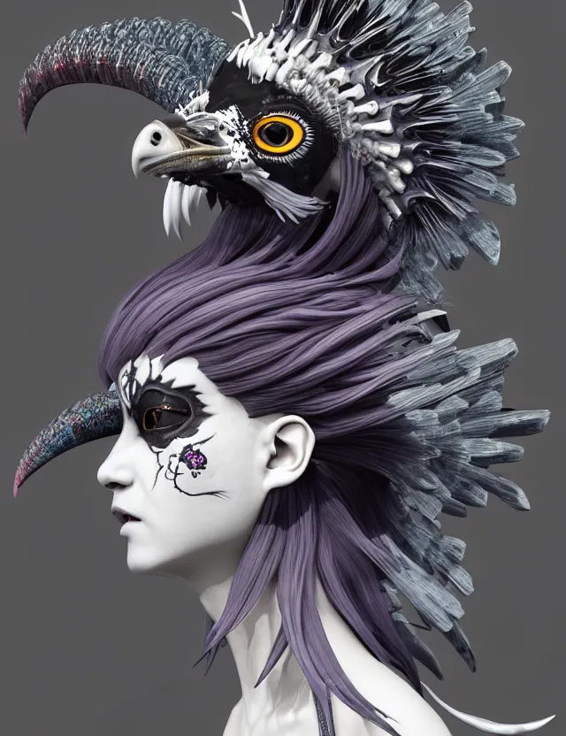 Image similar to 3 d goddess close - up profile simple portrait punk with mohawk with ram skull. beautiful intricately detailed japanese crow kitsune mask and clasical japanese kimono. betta fish, jellyfish phoenix, bio luminescent, plasma, ice, water, wind, creature, artwork by tooth wu and wlop and beeple and greg rutkowski