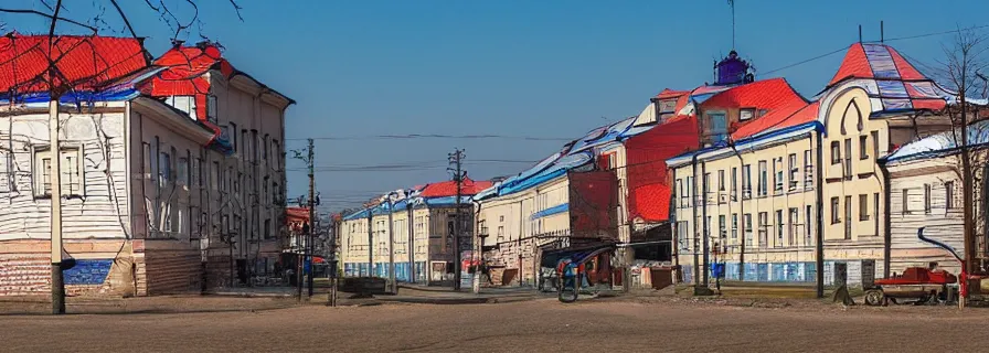 Prompt: a set of buildings in sleeping district of russian town, doomer romantic setting, constructivism