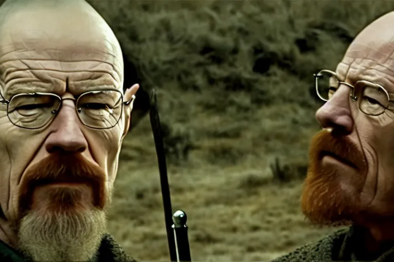 Prompt: film still of walter white as gandalf in the fellowship of the ring, cinematic, movie frame, rule of thirds, 8 k