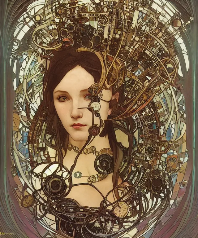 Image similar to realistic detailed portrait of a humanoid mecha cyberpunk! goddess by Alphonse Mucha and Charlie Bowater and art germ, rule of thirds, golden ratio, Art Nouveau! cyberpunk! style, mechanical accents!, mecha plate armor, glowing LEDs, flowing wires with leaves, art nouveau accents, art nouveau patterns and geometry, circuit patterns, rich deep moody colors, portrait style with the subject in the middle of the frame