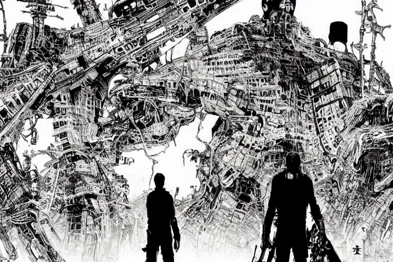 Prompt: no man's land, remnants of the human civilization, post-apocalyspe, a color illustration by Tsutomu Nihei, Tetsuo Hara and Katsuhiro Otomo
