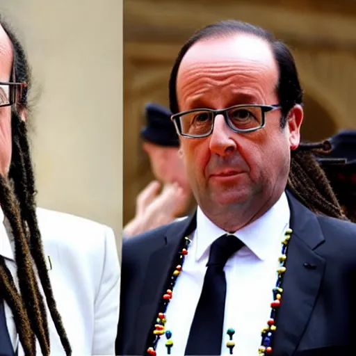 Prompt: François Hollande in tuxedo with short beaded dreadlocks, lots of short dreadlocks on the head, short dreadlocks with beads