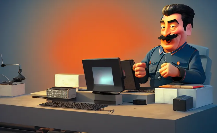 Image similar to very cute angry realistic josef stalin trading bitcoin in front of computer, disney pixar character concept artwork, 3 d concept, in a rock chair, high detail iconic character for upcoming film, 8 k octane render