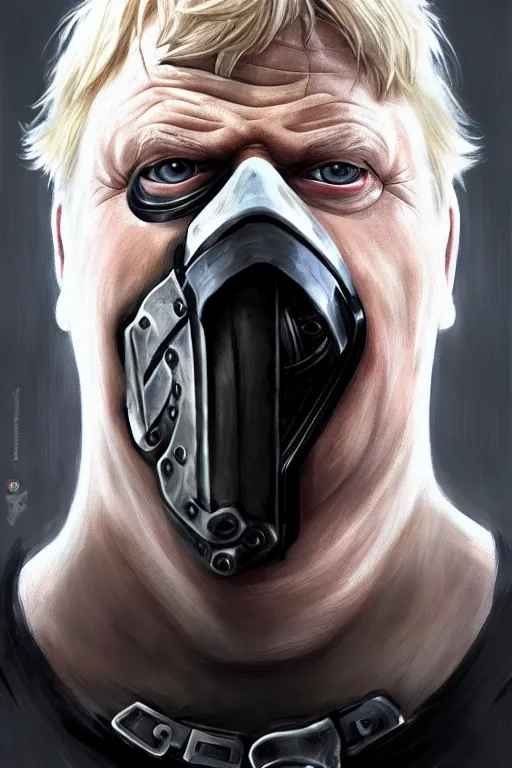 Image similar to Boris Johnson as a Bane from Dark Knight, Boris Johnson hairstyle, realistic portrait, symmetrical, highly detailed, digital painting, artstation, concept art, smooth, sharp focus, illustration, cinematic lighting, art by artgerm and greg rutkowski and alphonse mucha