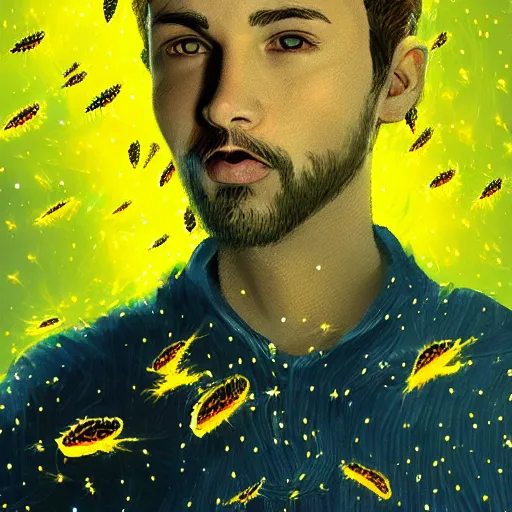 Prompt: man portrait surrounded by fireflies, artstation