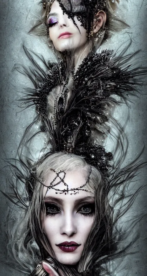 Image similar to a single faced portrait of the enchantress queen with a stunning timeless beauty, breathtaking eyes, perfect skin, feathered eyelashes, royal gothic dress with a lot of leather, heavy silent hill aesthetic, incredibly intricate, digital art, blender, houdini & photoshop, very elegant & complex, hyper-maximalist, overdetailed, epic cinematic quality, biblical art lighting, photorealistic, lifelike, OLED, DSLR HDR 8k, face is the focus, facial feature symmetry, hyper composed, created by Nixeu & z--ed from deviantart