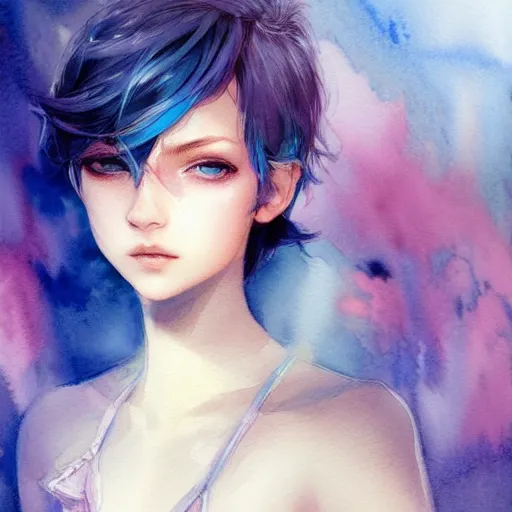 Prompt: young boy, blue hair, pink eyes, gorgeous, amazing, feminine, elegant, intricate, highly detailed, watercolor, artstation, concept art, sharp focus, portrait, illustration, art charlie bowater and Ross tran