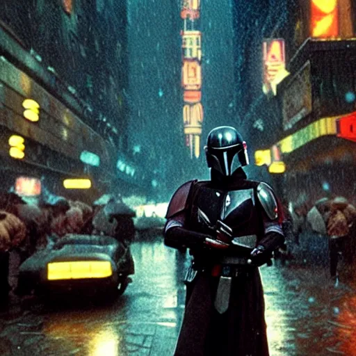 Image similar to Mandalorian in Blade Runner on a rainy city street with cars flying through the background