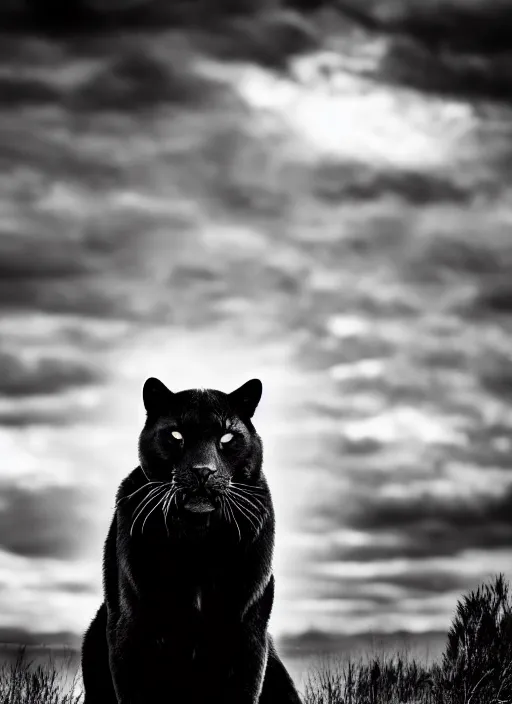 Prompt: black panther black and white portrait white sky in background