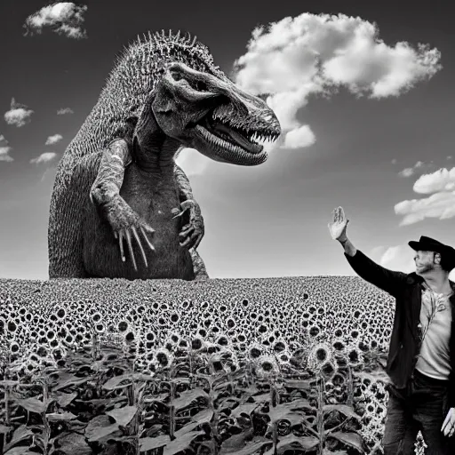 Image similar to Tyrannosaurus rex giving a high five to a caveman in a field of sunflowers, realistic, photograph, monochrome, Ansel Adams, HD