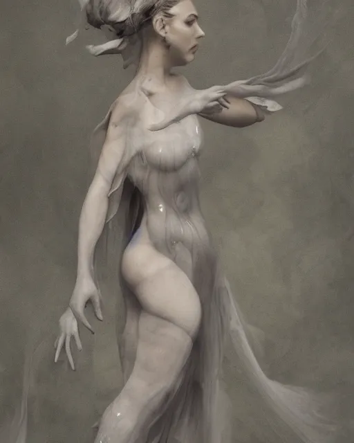 Image similar to professional concept art ethereal ghostlike valkyrie figure fluid simulation in houdini dancing in dark smoke robes and silk veils by ilm, paolo roversi, nick knight, amy judd, beautiful simplified form distorted by turbulent movement, dark studio background, vivid, romantic, trending on artstation, hyperrealism, matte painting, dutch golden age, fine detail, cgsociety