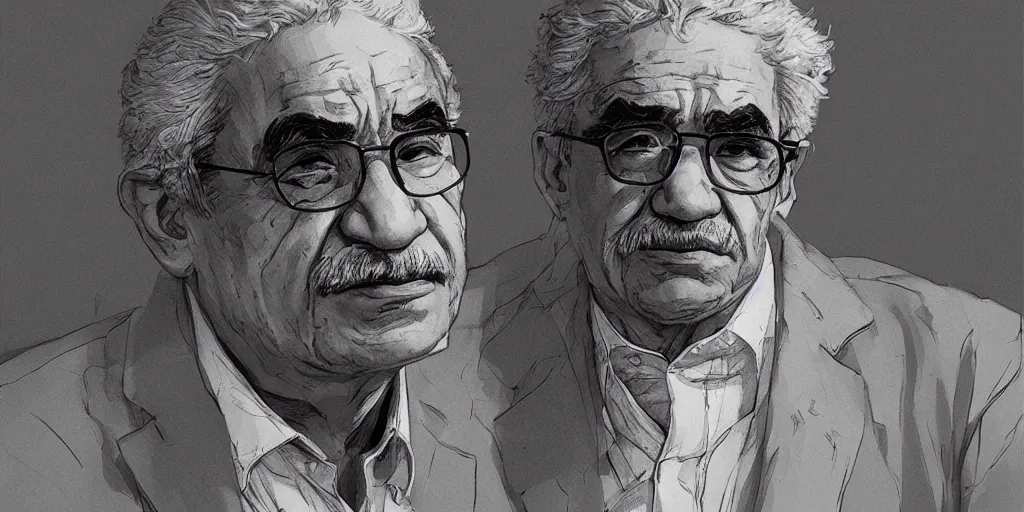 Prompt: Gabriel García Márquez portrait, kim jung gi style, Greg Rutkowski, Zabrocki, Karlkka, Jayison Devadas, trending on Artstation, 8K, ultra wide angle, zenith view, pincushion lens effect