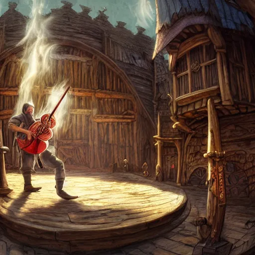 Prompt: a detailed concept art of a young medieval bard singing in a wooden stage in the middle of an old wooden town with his hurdy - gurdy. magical smoke explosion around him. mid day light. sunny day. medieval market fest. people gathering around. wide angle. trending on artstation, craig mullins, gopro lens. centered composition. water well.