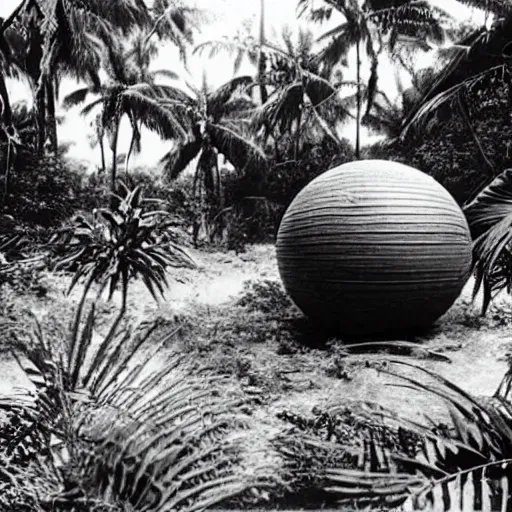 Image similar to a rizom lost film footage of a sphere in the middle of the tropical jungle / tribalism / modernism / film still / cinematic / enhanced / 1 9 2 0 s / black and white / grain