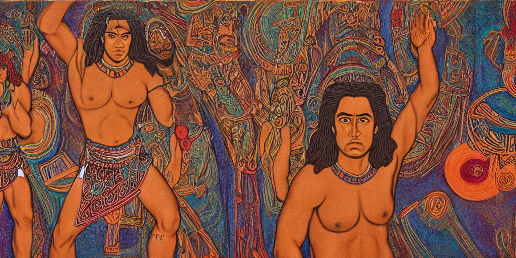 Image similar to an abstract spiritual background, a polynesian greek god dancing, clear eyes. 2 4 mm, photorealistic, muted color scheme, directed by mati klarwein