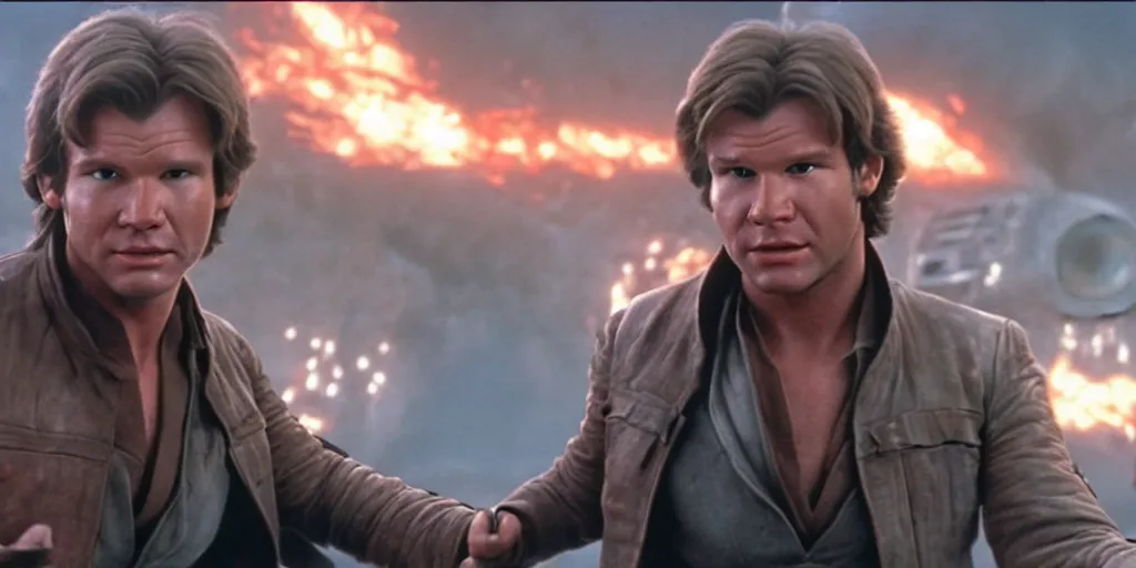 Prompt: han solo played by photo real harrison fords 1 9 8 3, motion blur runs through massive battlefront, mcu style, explosions, fire, real life, spotted, ultra realistic face, accurate hands, 4 k, movie still, uhd, sharp, detailed, cinematic, render, modern