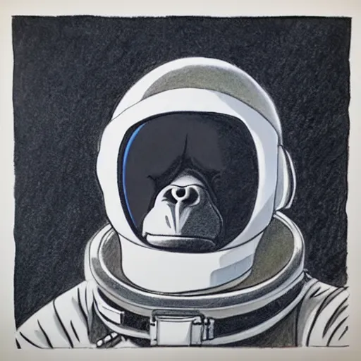 Image similar to pencil art, realistic self portrait, astronaut with a chimpanzee, psychedelic, solar eclipse.