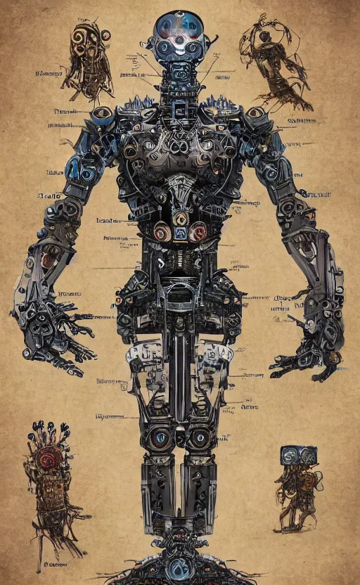 Image similar to anatomy of the vitruvian terminator, robot, cyborg, t 1 0 0, bloodborne diagrams, mystical, intricate ornamental tower floral flourishes, rule of thirds, technology meets fantasy, map, infographic, concept art, art station, style of wes anderson