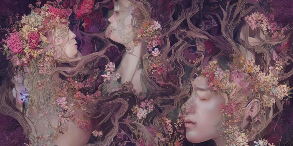 Prompt: breathtaking detailed concept art painting kaleidoscope art deco pattern of blonde faces goddesses amalmation flowers, by hsiao - ron cheng, bizarre compositions, exquisite detail, extremely moody lighting, 8 k