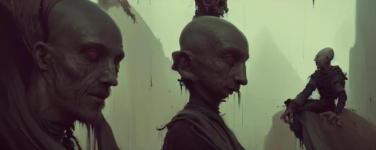 Image similar to duotone concept illustration 3 / 4 portrait 5 mm hair bald demonic merchant eyes glow sitting below willow foggy rustical style. medieval tunic cinematic volumentric lighting. accidental renaissance. by cd projekt red, sachin teng and sergey kolesov and ruan jia and heng z. graffiti art, scifi, fantasy, hyper detailed. octane render. trending on artstation