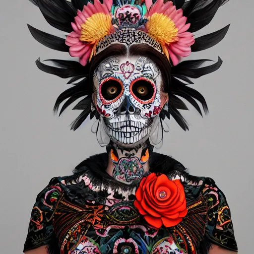 Prompt: lady, mid - waist self - portrait, perfect symmetry, intricate, dia de los muertos, skulls and flowers mask, aztec ultra detailed feathered dress 4 k resolution, octane rendering, ultra realistic, photo realism, beeple, 2 0 mm