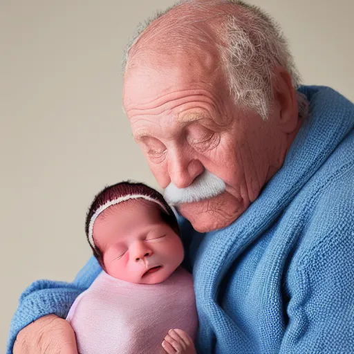 Prompt: beautiful photography of a old man as newborn, pastel colors, hyper realistic, 8 0 mm, studio lighting