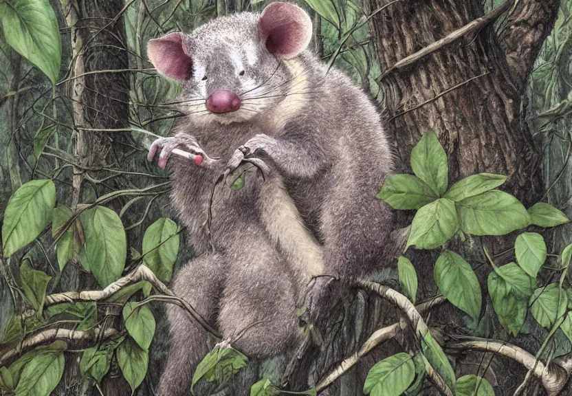 Image similar to humanoid possum hidden in the forest, colorized, highly detailed, 4k, trending on Artstation, award-winning, art by Maurice Sendak