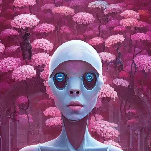 Image similar to highly detailed surreal vfx portrait of a robot with flowers growing out of its head, stephen bliss, unreal engine, greg rutkowski, loish, rhads, beeple, makoto shinkai and lois van baarle, ilya kuvshinov, rossdraws, tom bagshaw, global illumination, detailed and intricate environment