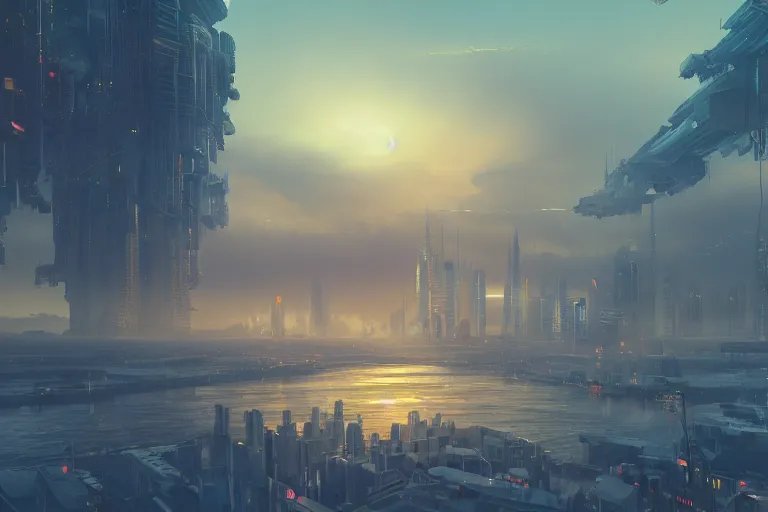 Prompt: cyberpunk future city landscape in style of aivazovsky, sunset, ultra details, cinematic, 8k, sharp focus, award winning photo, crisp edges, octane render, hyper realistic, maximum details, 16k,