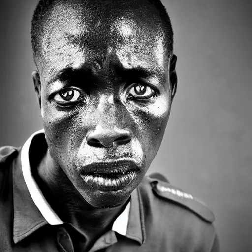 Image similar to black and white photo, portrait of rwandan soldier looking angry by richard avedon, realistic, Leica, medium format, cinematic lighting, parallax, high resolution,