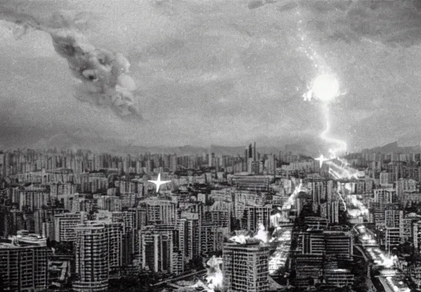 Image similar to Pulgasari the North Korean starfish monster destroying Pyongyang city, volumetric lighting, filmstill, produced by Kim Jong-il, Kodachrome, kaiju-eiga, monster movie, communist propaganda, film noir, 35mm film grain, Cooke Varotal 20-100mm T3.1, in the style of Ishirō Honda and Andreï Tarkovski