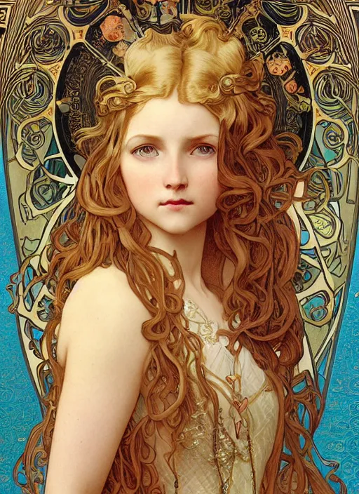 Prompt: highly detailed portrait of a young medieval maiden with wavy blonde hair in a retro spaceship with large windows, by Alphonse Mucha, Ayami Kojima, Yoshitaka Amano, Charlie Bowater, Karol Bak, Greg Hildebrandt, Jean Delville, and Mark Brooks, 4k resolution,