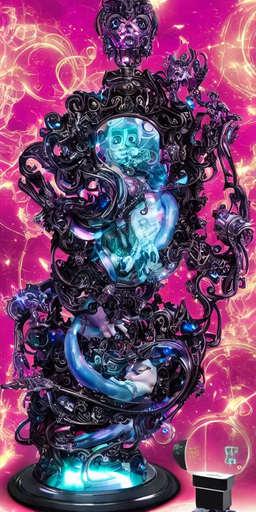 Image similar to full-body baroque and cyberpunk style sculpture of a young seductive Hispanic prince half android with a chest exposing a glowing gemstone battery and a CRT monitor face, glowing pink seductive laser eyes, crown of blue gears and diamonds, swirling salmon-colored silk fabric, robotic raptors dinosaurs. baroque elements. full-length view. intricate artwork by caravaggio. art by Artgerm and Greg Rutkowski and Alphonse Mucha and Tooth Wu and Beeple, Trending on artstation, cinematic industrial lighting, hyper realism, octane render, 8k, depth of field, 3D