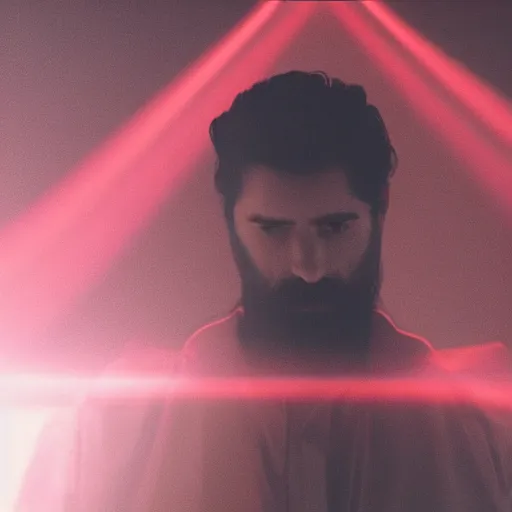 Image similar to a man with black hair and beard, wearing a black jacket, white shirt and blue jeans, standing in a room engulfed in red light, cinematic, bloom, breathtaking, illustration, realistic