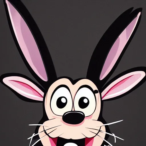 Image similar to A extremely highly detailed majestic hi-res beautiful, highly detailed head and shoulders portrait of a scary terrifying, horrifying, creepy maniacal crazy black cartoon rabbit with scary big eyes, earing a shirt laughing maniacally , let's be friends, in the style of a Walt Disney cartoon