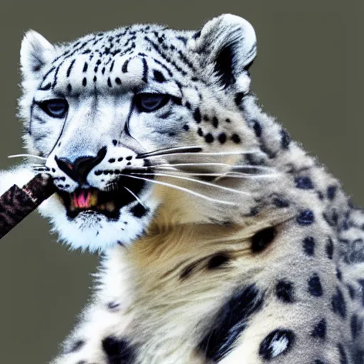 Image similar to a snow leopard with a blunt in his mouth smoking, award-winning photograph