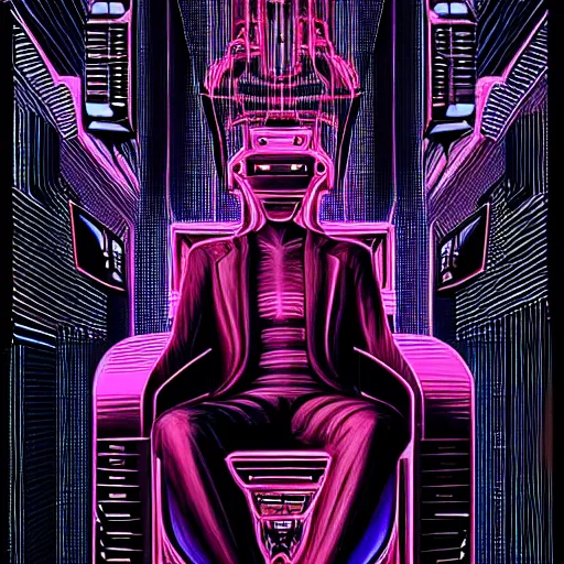 Image similar to a drawing of a person sitting on a chair, cyberpunk art by ernst fuchs, behance contest winner, metaphysical painting, darksynth, fractalism, circuitry, arstation