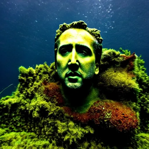 Image similar to Nicolas Cage underwater mossy old statue, ruins, photo, dark, kelp and moss all over, bottom of ocean, deep ocean, bottom of ocean, dark, 35mm, fish, underwater landscape, 4k, detailed, photorealistic, photo, Atlantis, underwater camera, fish, fish, fish