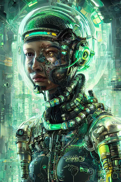 Prompt: Portrait of a cyberpunk sci-fi cyborg, third person, D&D, sci-fi fantasy, pistons and bolts, intricate, green and gold, highly detailed, art by Range Murata, highly detailed, 3d, octane render, bright colors, digital painting, trending on artstation, sharp focus, illustration style of Stanley Artgerm, background in a cinematic style