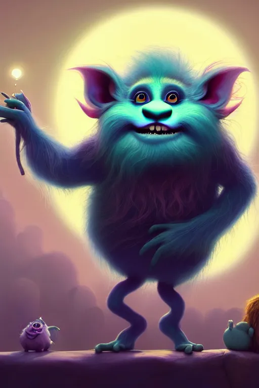 Image similar to a surreal Bioluminescent, very very very cute Hairy Troll in a happy world by Daniel Merriam, Trending on Artstation, oil on Canvas by Elena Zhurikhina and Goro Fujita and Charlie Bowater, octane render, 4k, 8k, HD