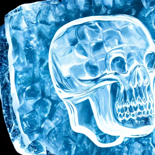 Prompt: a crystal skull inside a block of ice, high detail, 8 k, hd,