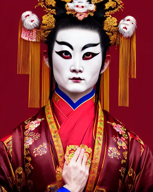 Image similar to photo of a Dramatic Peking Opera male character wearing elaborate makeup with Sanskrit devanagari script words painted on face in the style of stefan kostic, realistic, sharp focus, symmetric, 8k high definition, insanely detailed, intricate, elegant, art by stanley lau and artgerm, William-Adolphe Bouguereau